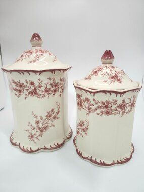Vintage Cracker Barrel Red Transferware 2 Piece Canister Set